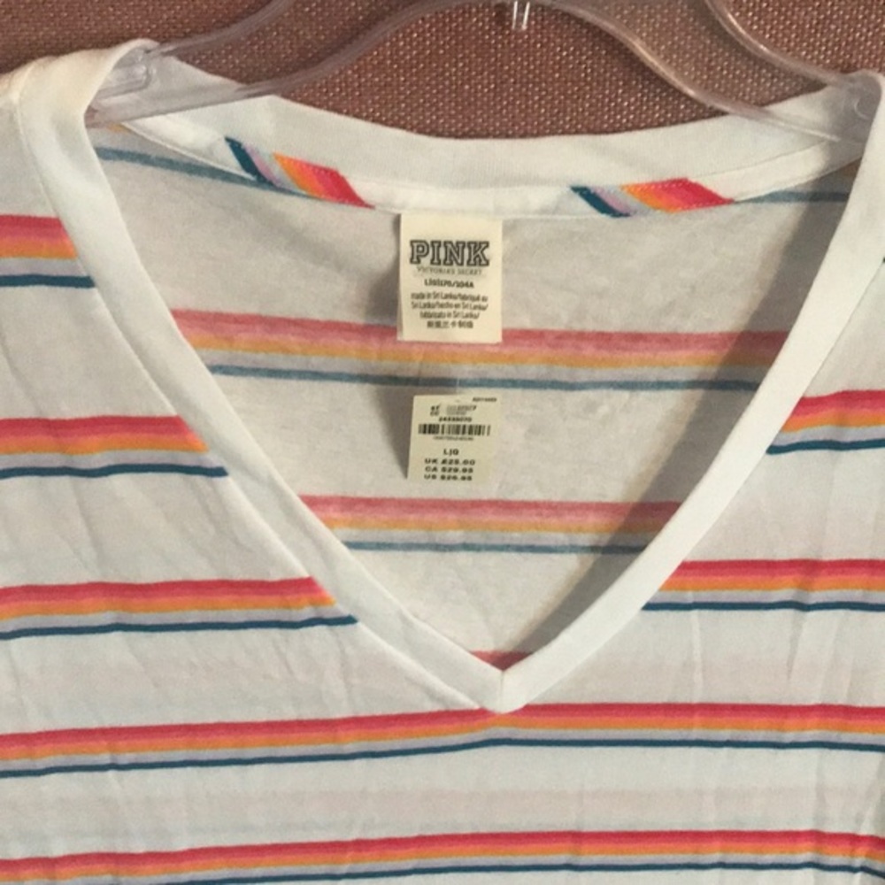 NWT PINK Victoria's Secret Rainbow Stripe Perfect Tee V Neck XS